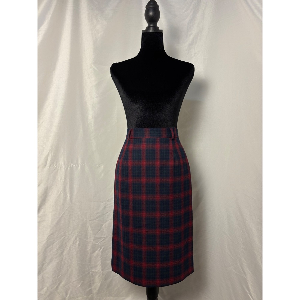JH Collectibles Vintage Wool Plaid Pencil Skirt Red Navy Blue Petite Size 4 0-2